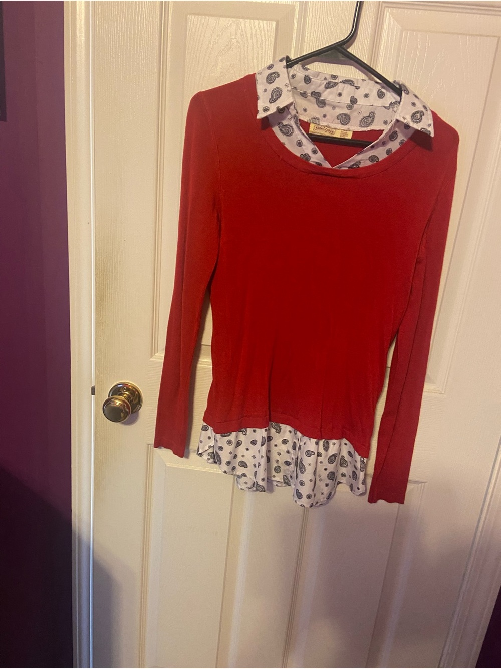 Faded Glory Red Layered-Look Long Sleeve Top with Paisley Trim